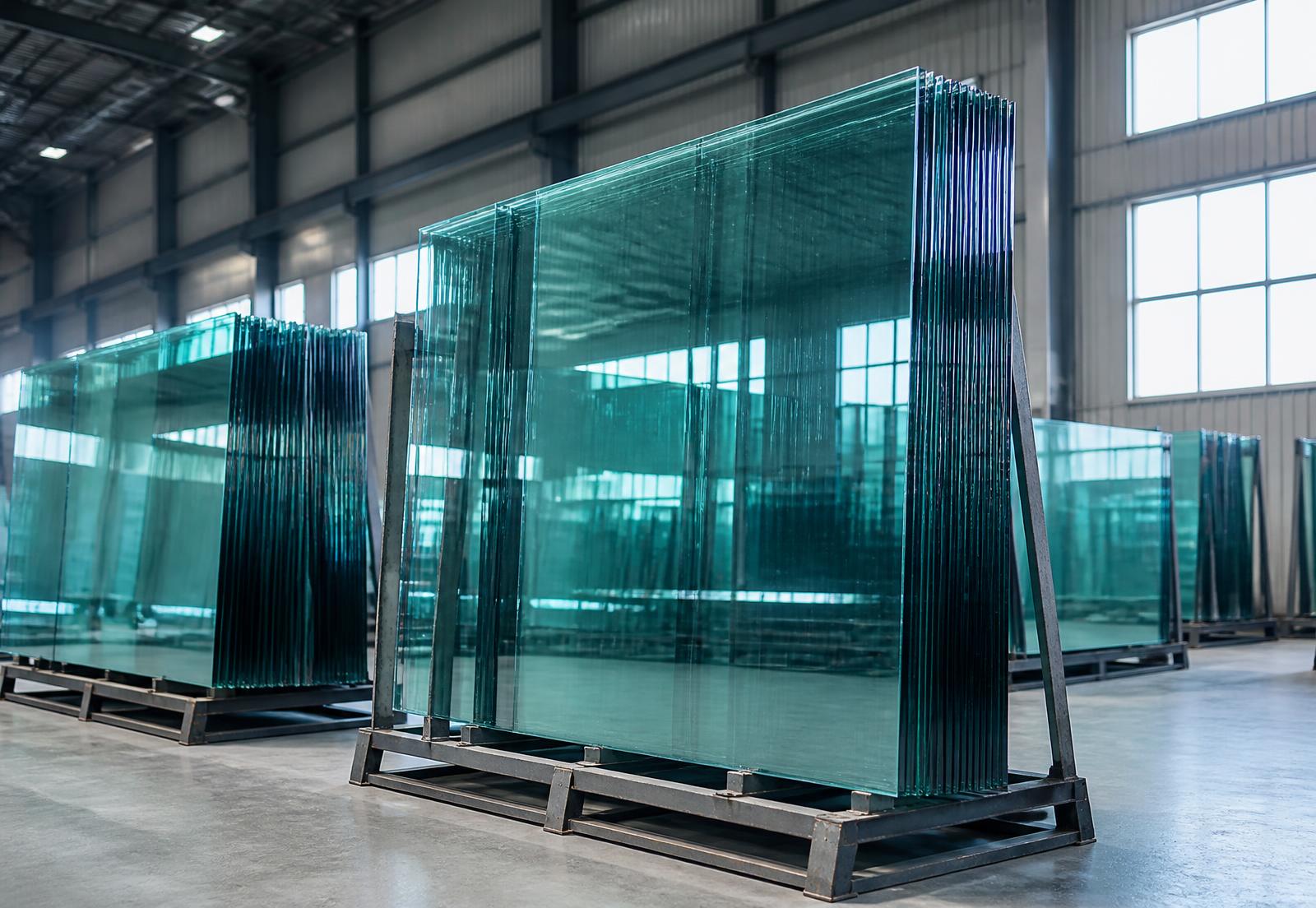 Large panes of flat and toughened glass on steel A-frame pallets in a warehouse